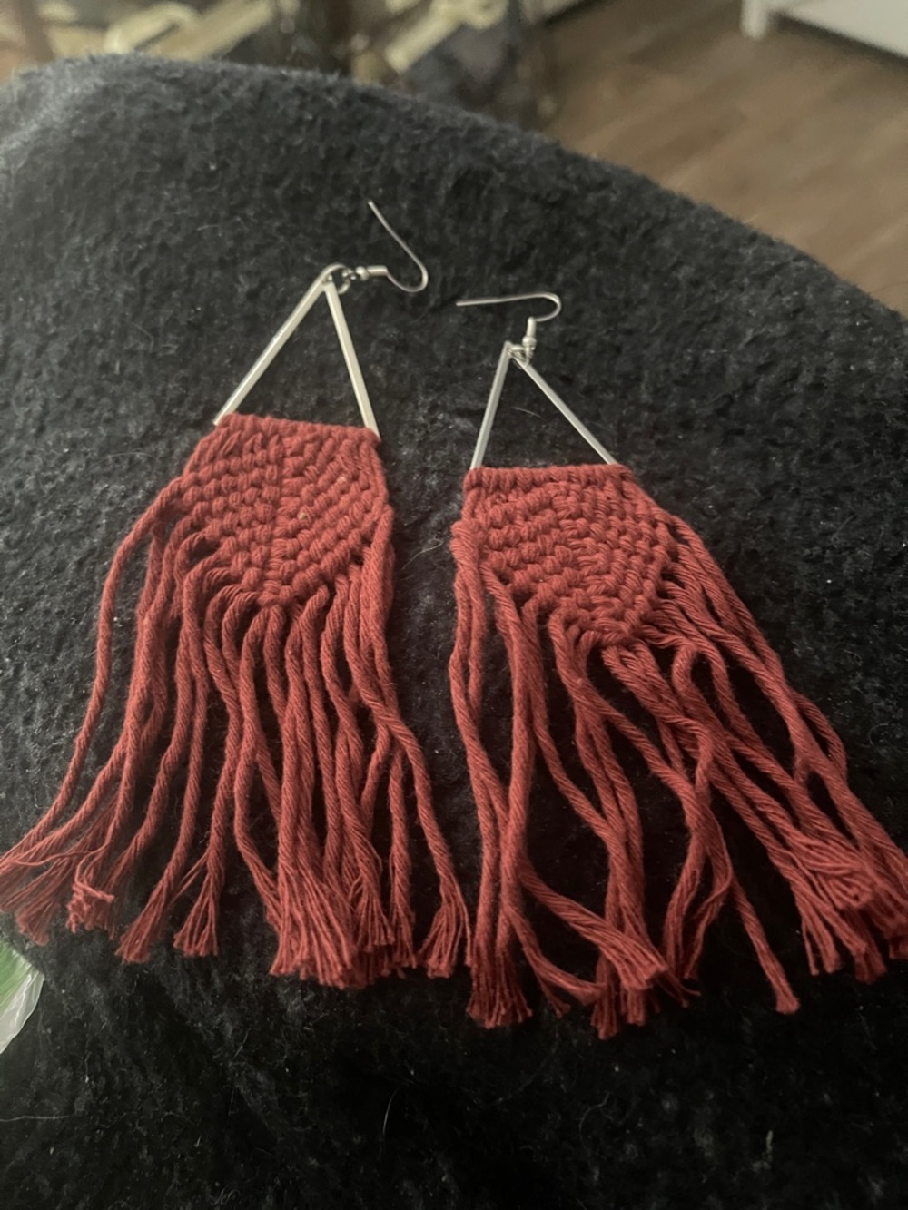 Boho Fringe Drop Earrings in Burgundy with Silver Triangles